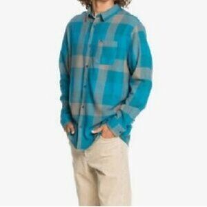 NEW Small Quiksilver Mens Long Sleeve Button Front Shirt Cotton Motherfly Aqua